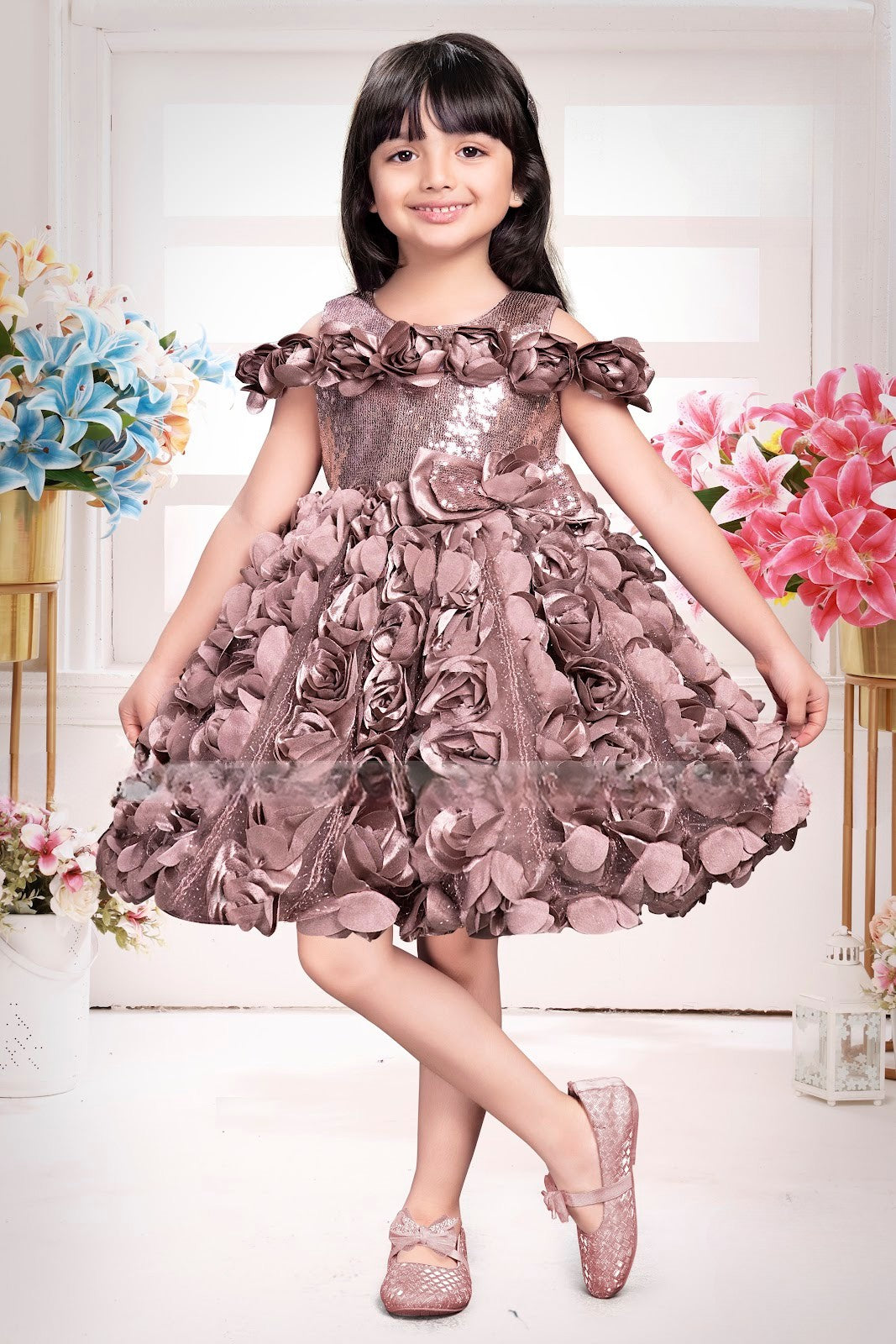 Onion Pink 3D Rose Bloom Party Dress