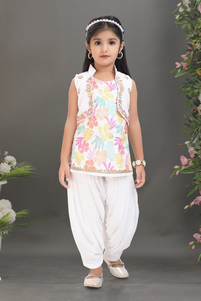 White & Multicolor Princess Floral Dhoti Set