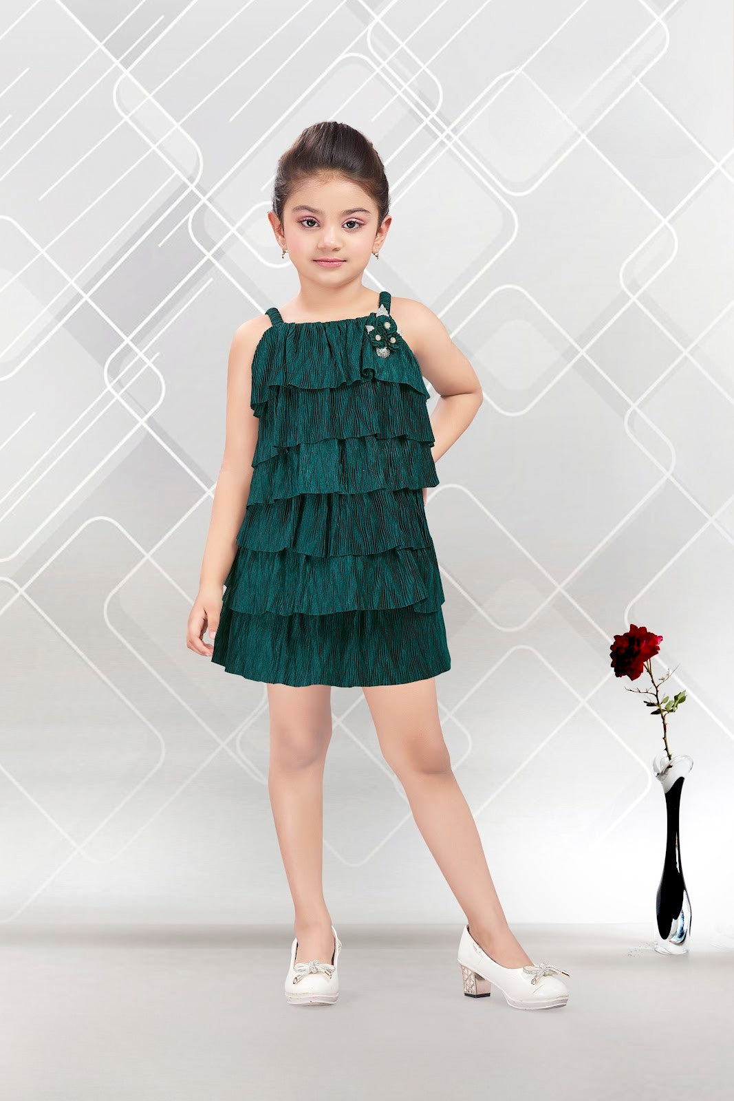 Green Glam Ruffle Layered Party Dress for Girls