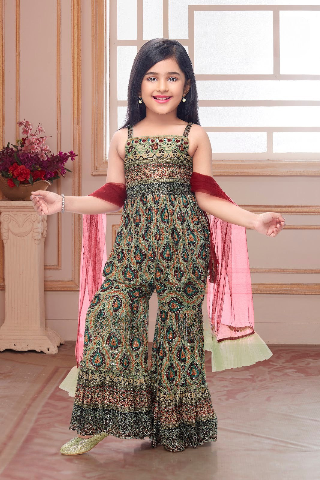 Mehendi Green Mughal Jumpsuit with Dupatta