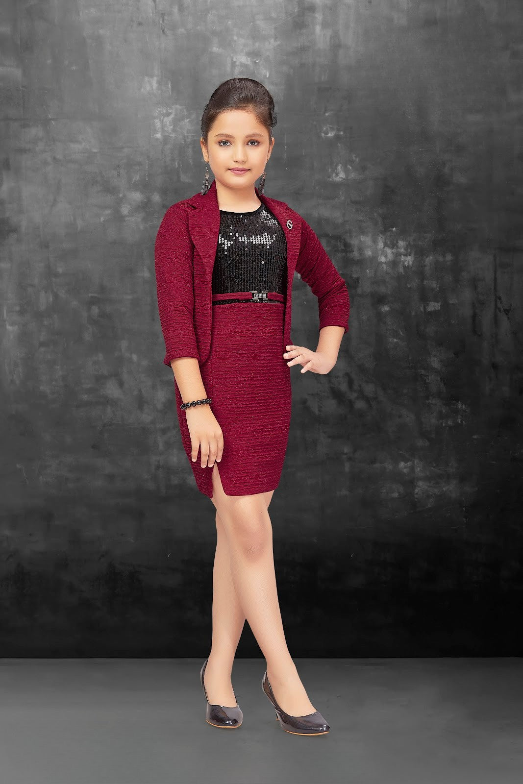Maroon Glam Sequin Panel Party Dress with Jacket for Girls