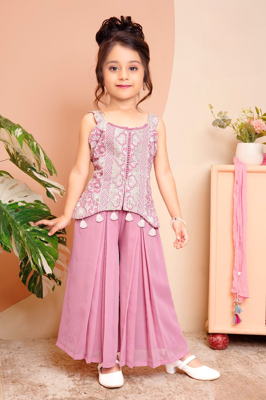 Mauve Princess Embroidered Palazzo Set for Girls