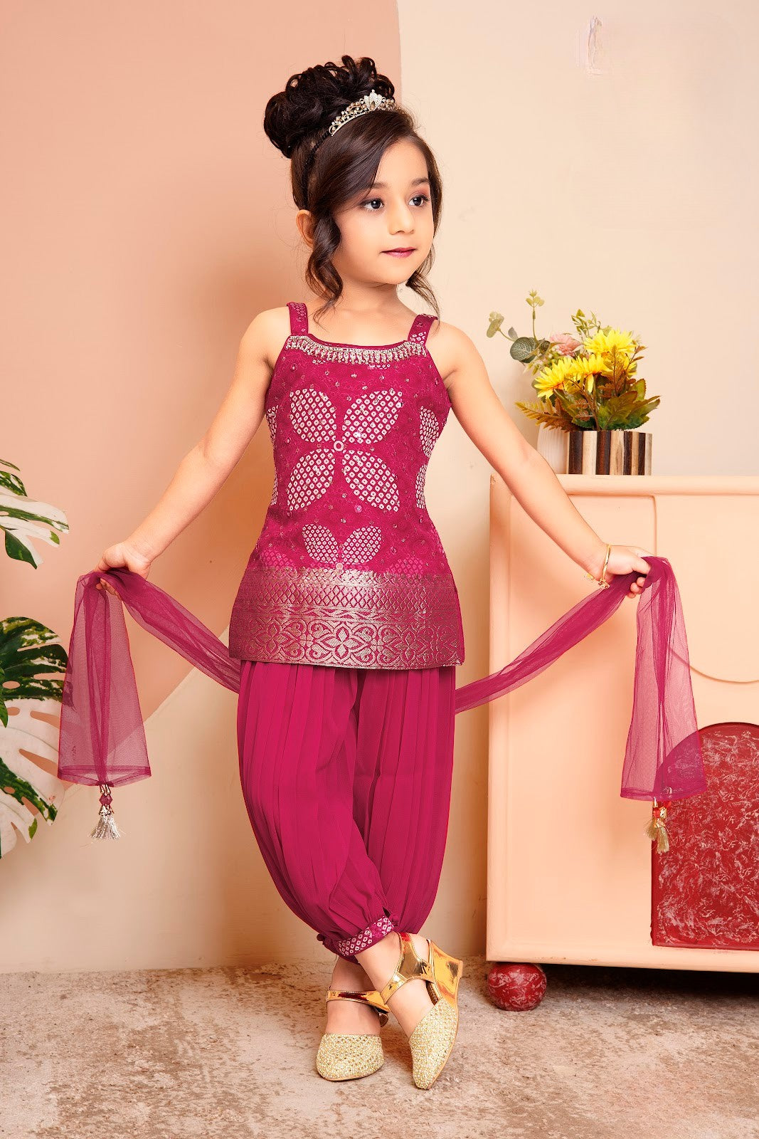 Magenta Princess Embroidered Dhoti Set for Girls