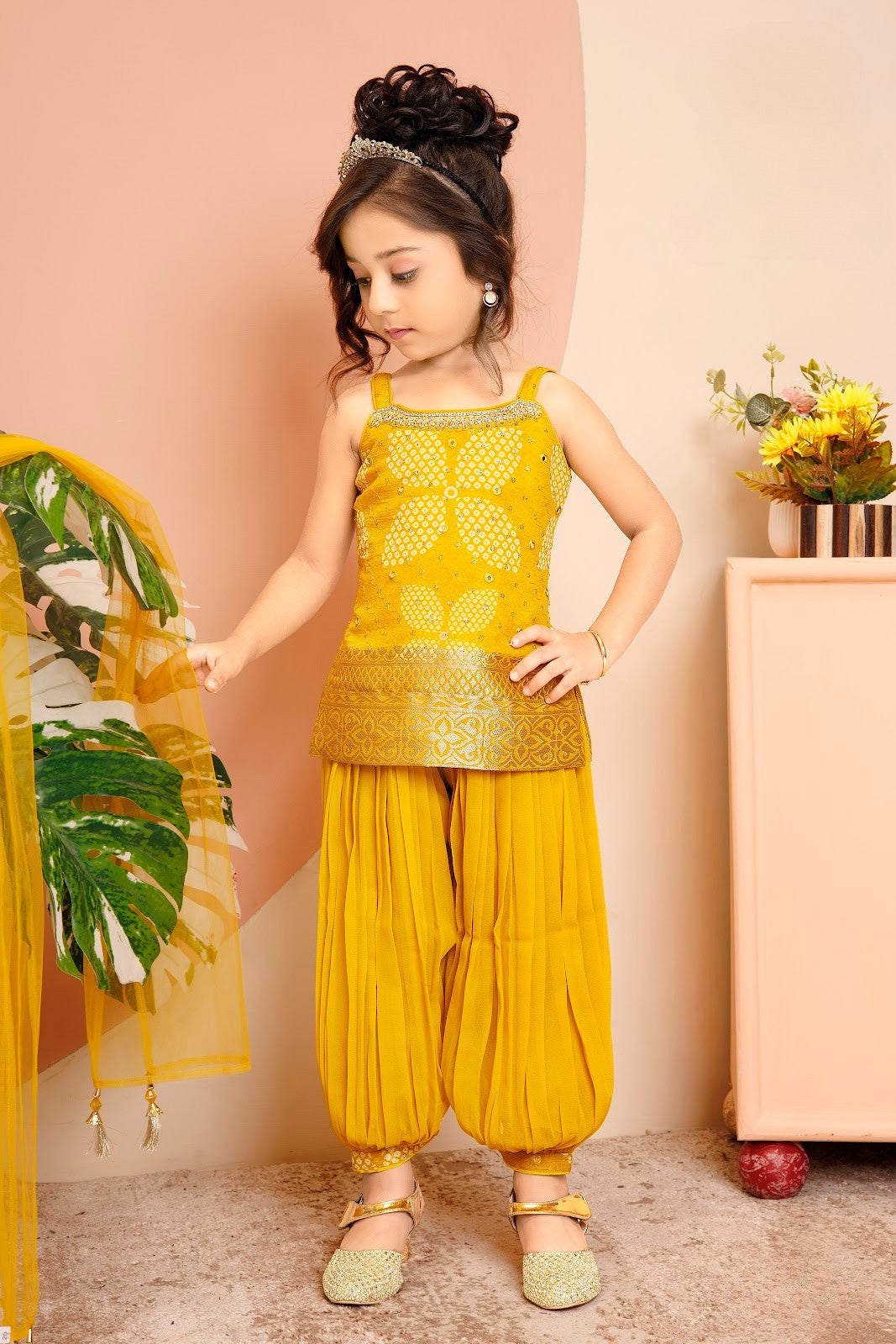 Yellow Princess Embroidered Dhoti Set for Girls