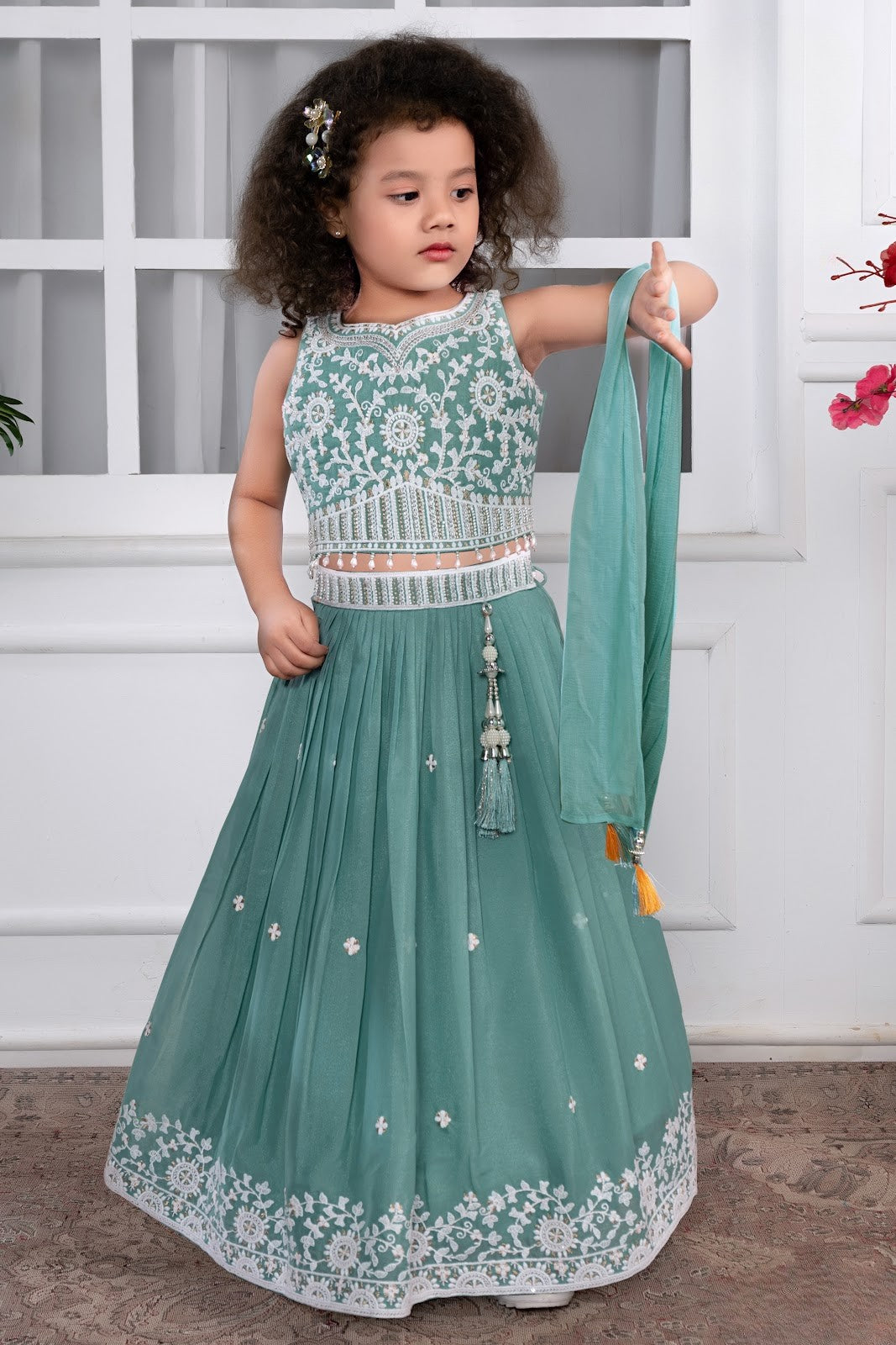 Teal Princess Embroidered Lehenga Choli Set for Girls