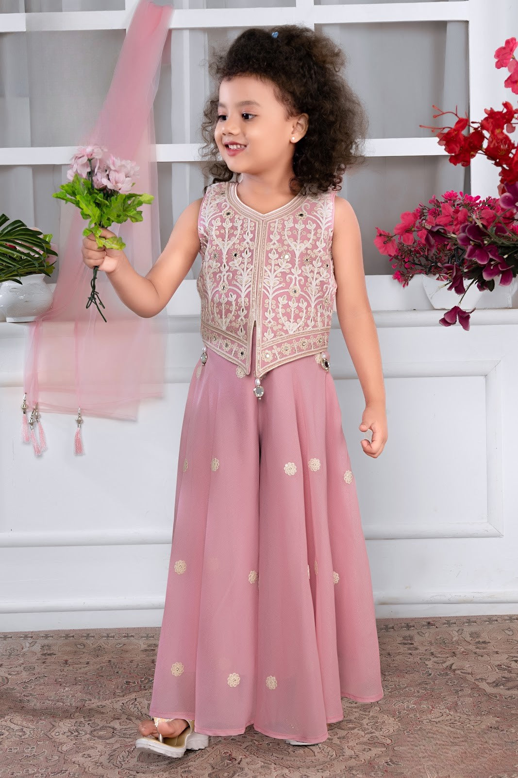 Dusty Pink Princess Embroidered Palazzo Set for Girls