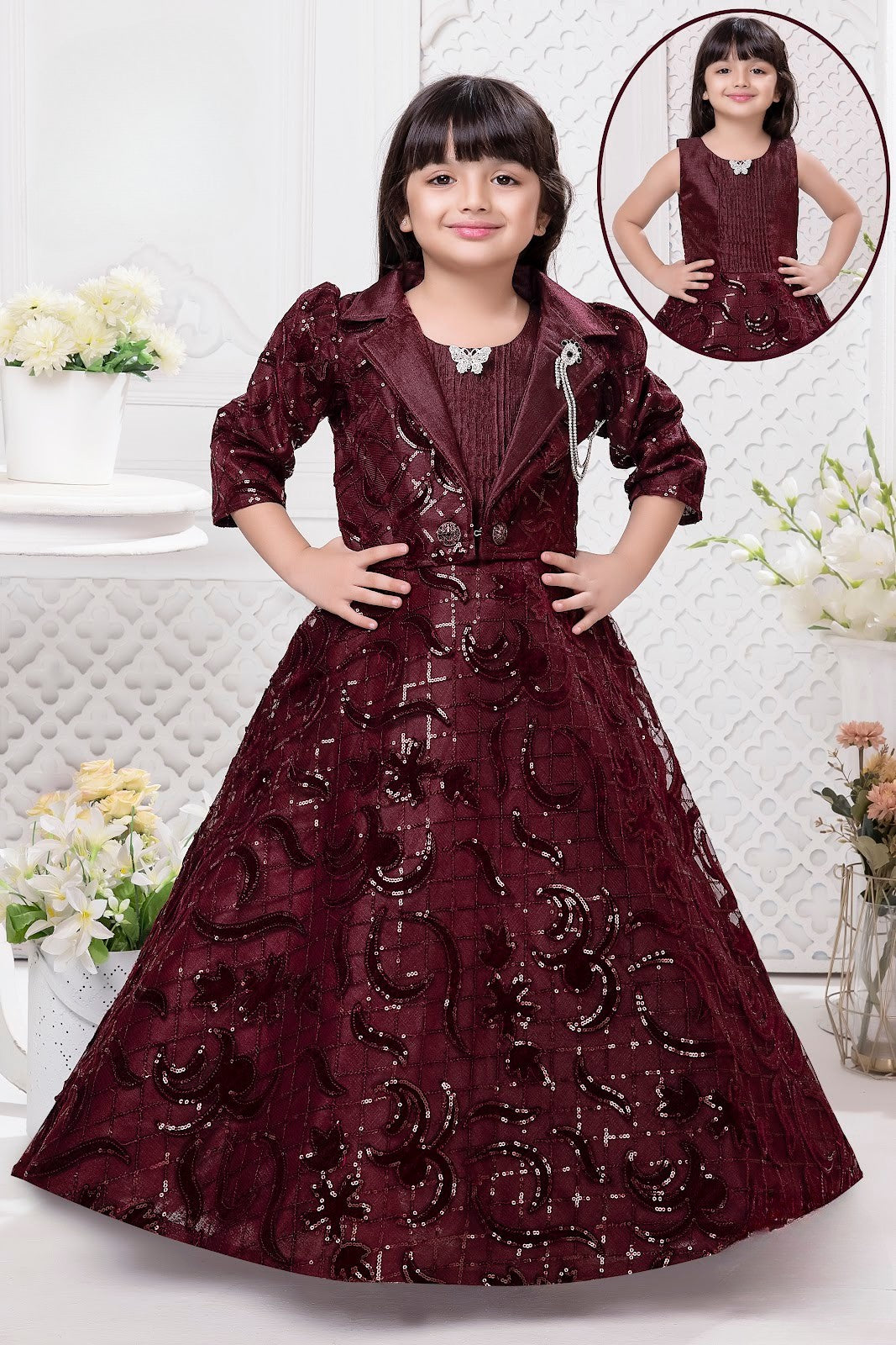 Maroon Princess Sequin Party Gown with Detachable Jacket