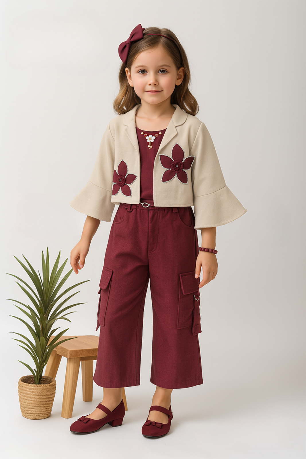 Maroon & Beige Princess Utility Jacket Jumpsuit Set