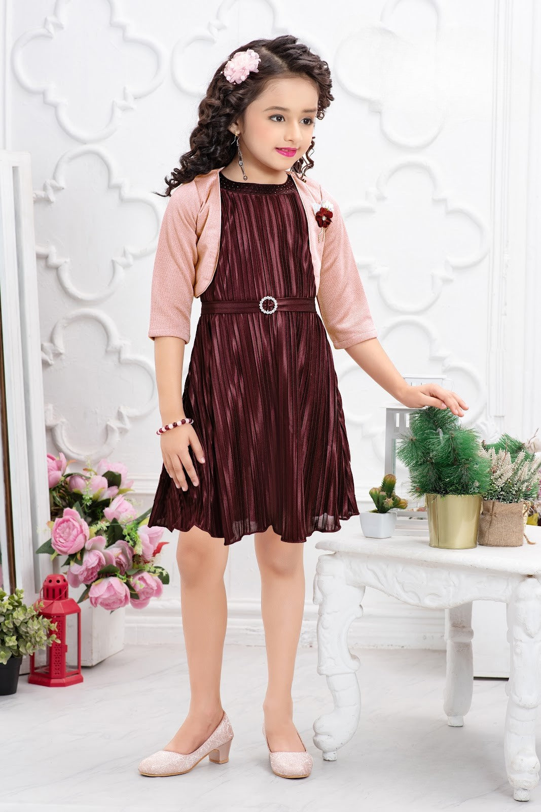 Maroon Princess Pleated Dress with Pink Shrug Set