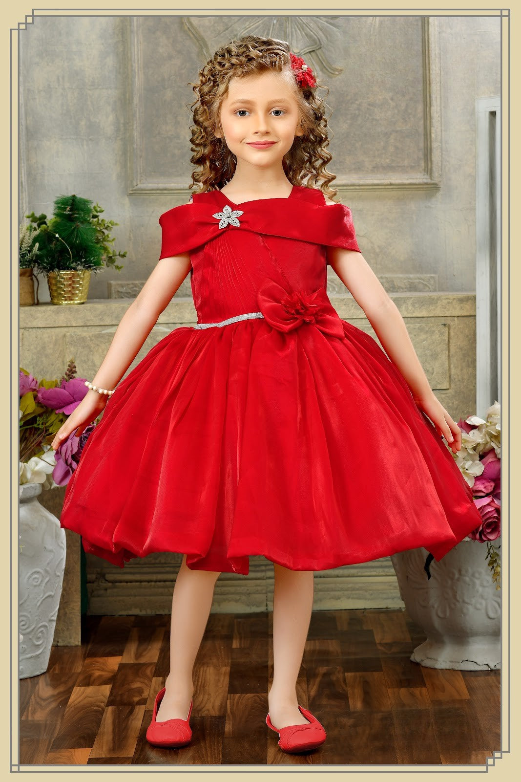 Red Princess Bow Shoulder Party Dress