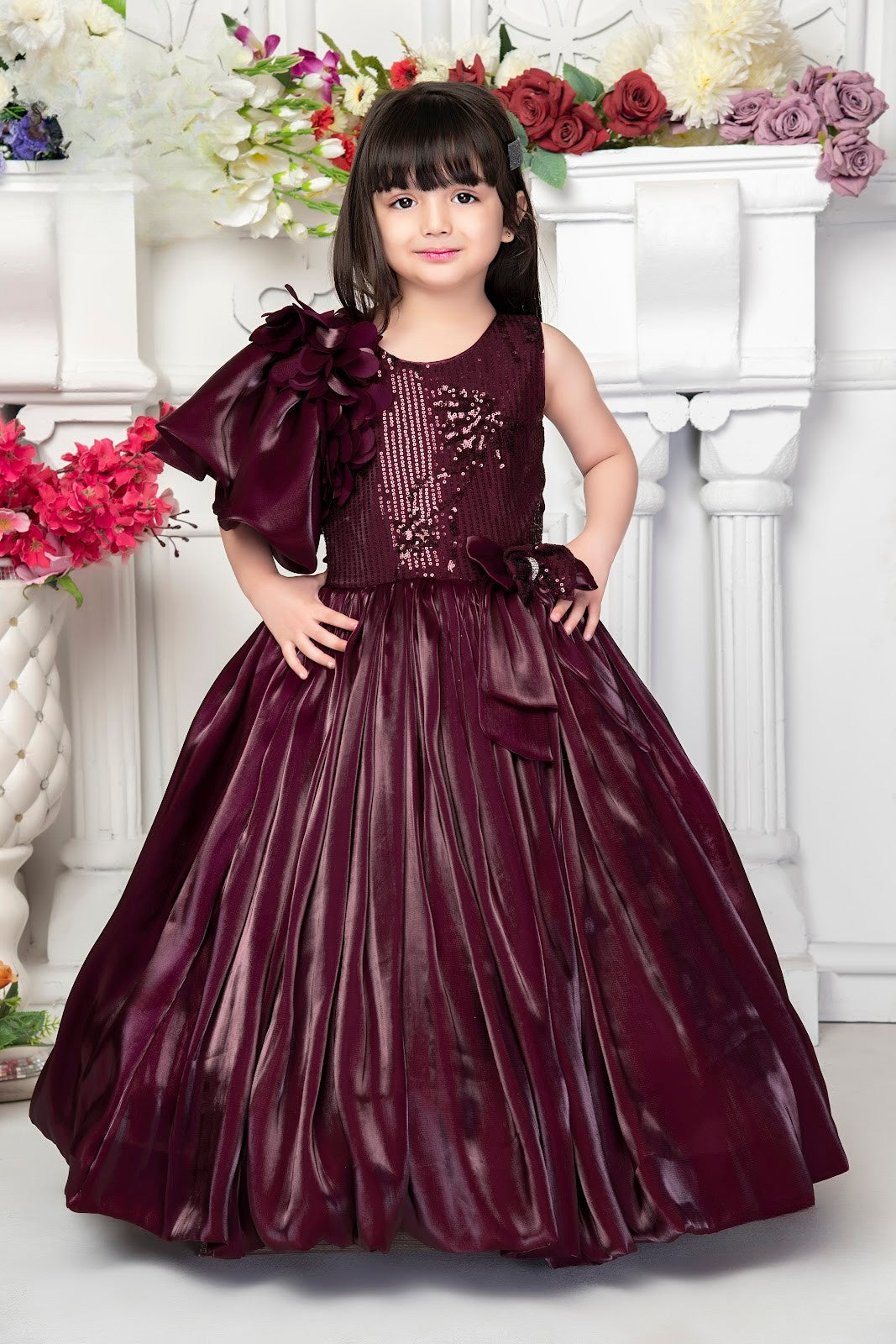 Wine Princess Pleated Sequin Party Gown