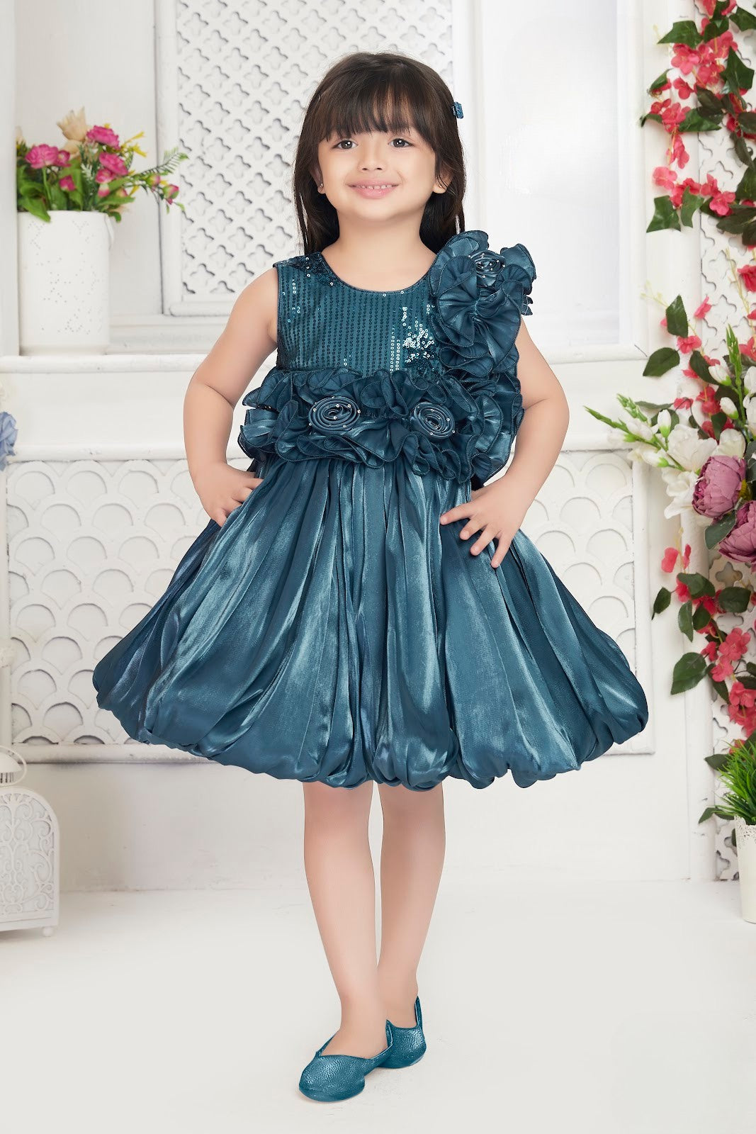 Teal Princess Sequin Flower Bubble Party Dress
