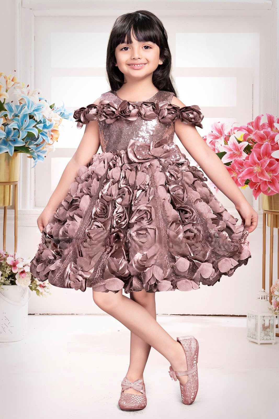 Dusty Rose Princess 3D Rosette Party Dress