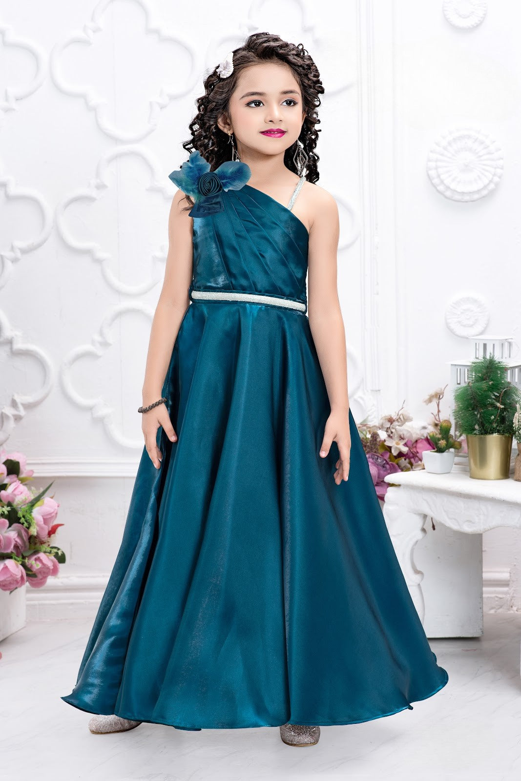 Teal Glam One Shoulder Party Gown