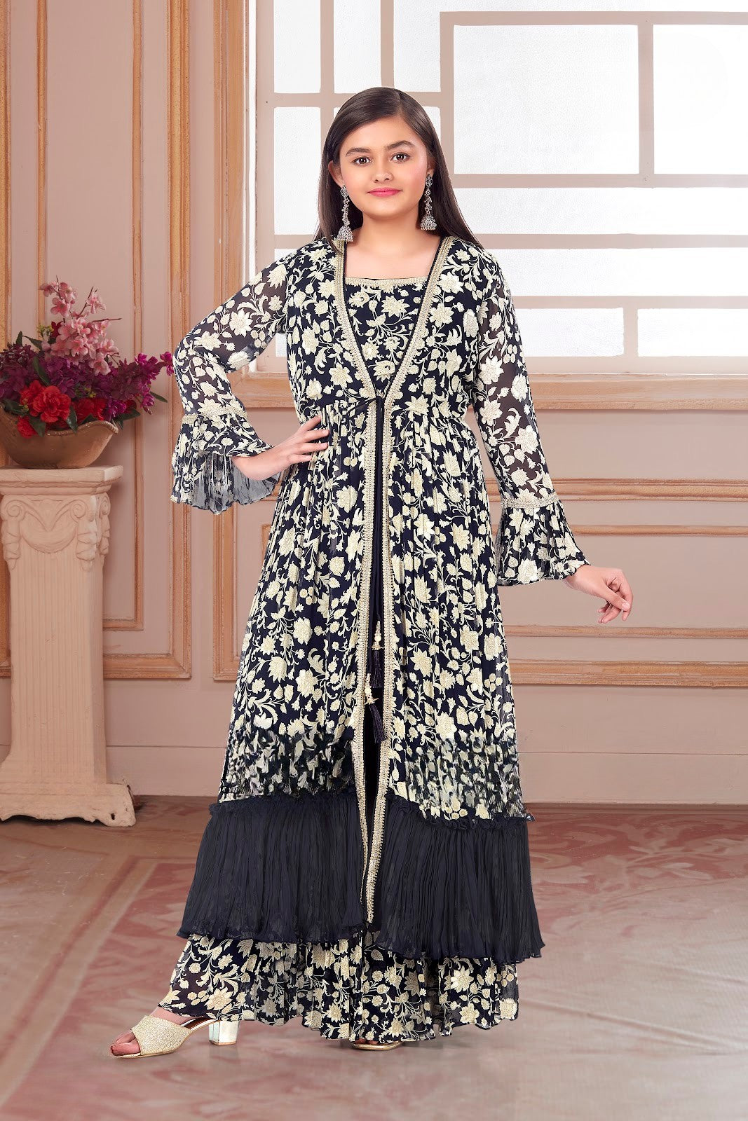 Midnight Bloom Sharara Set For Girls