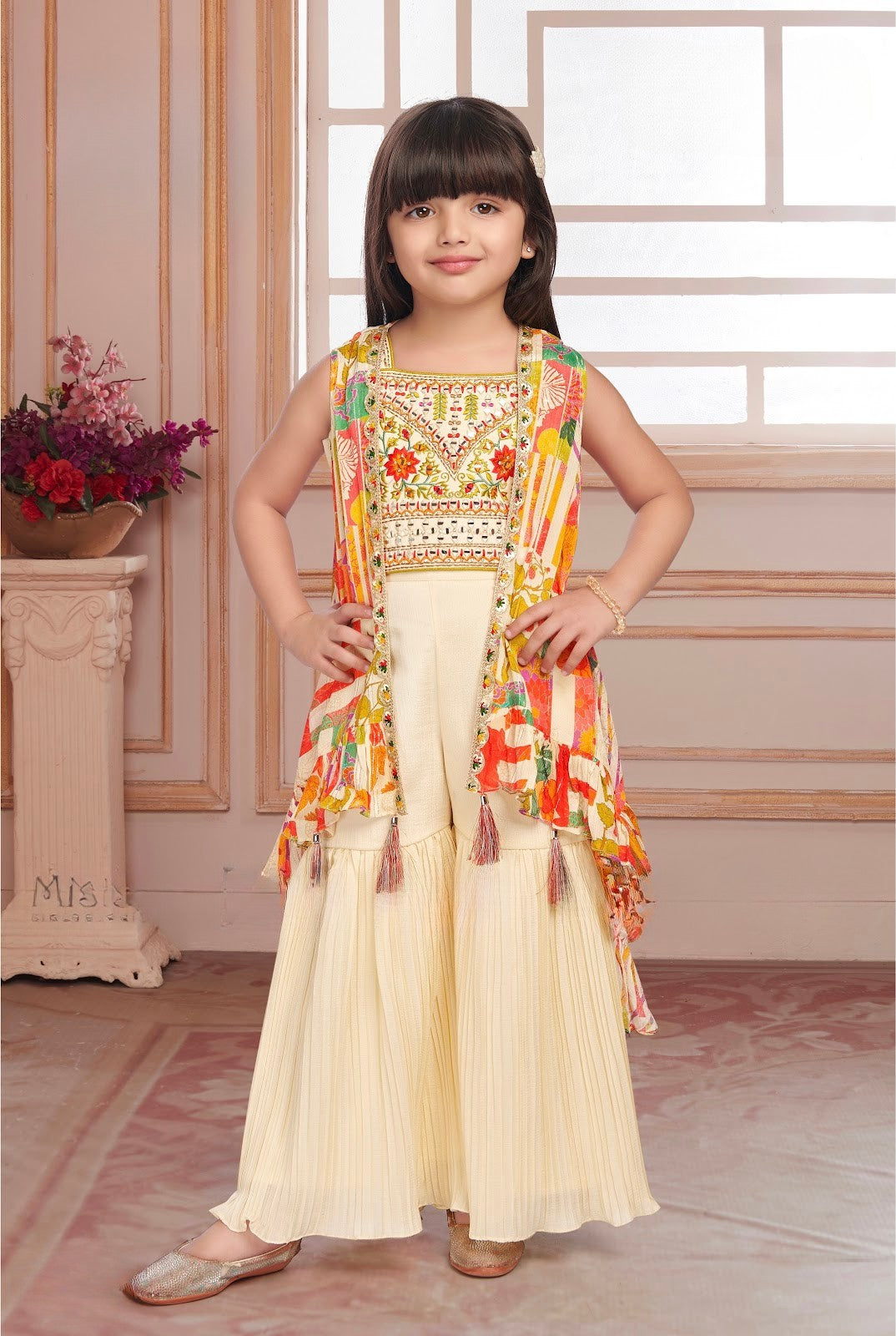 Cream Carnival Palazzo Set with Embroidered Jacket