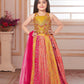 Mustard Mirrorwork Bandhej Lehenga Set with Pink Dupatta