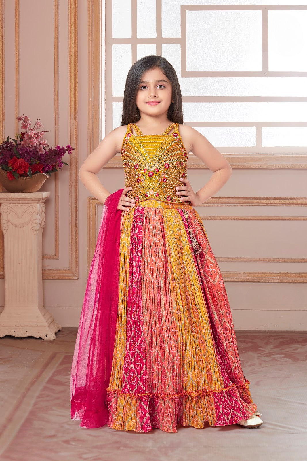 Mustard Mirrorwork Bandhej Lehenga Set with Pink Dupatta