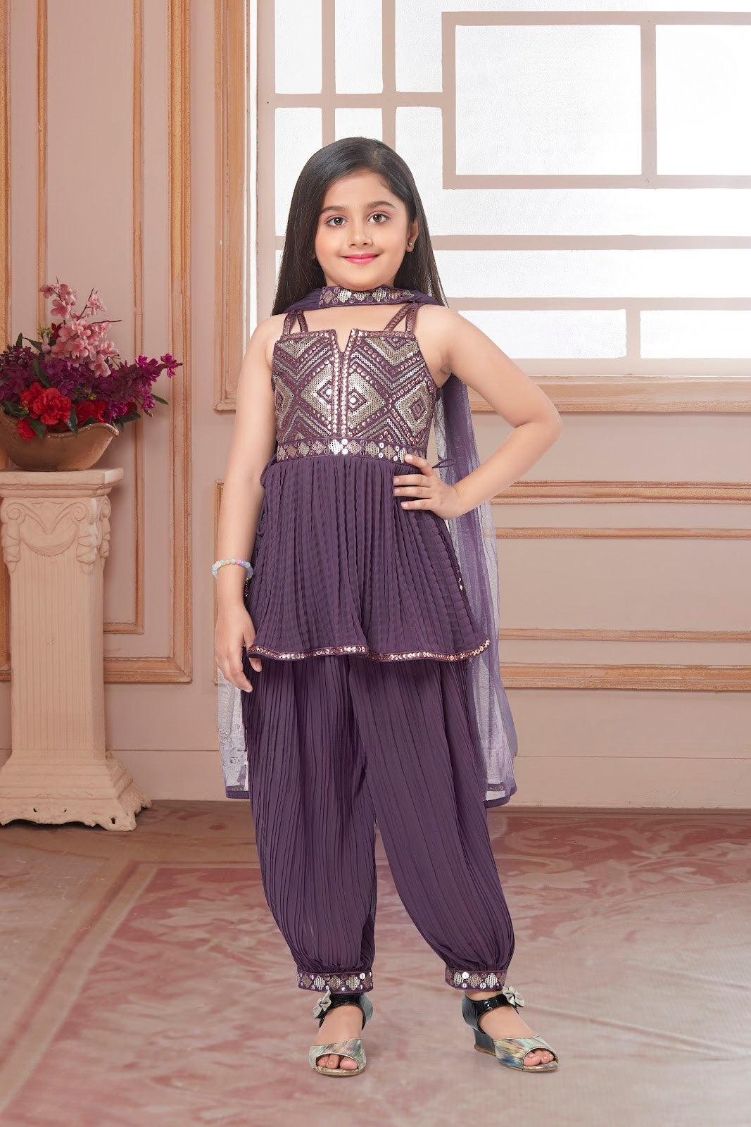 Lavender Mirrorwork Peplum Set with Dhoti Pants