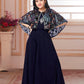 Navy Blue Butterfly Sequin Cape Gown Set