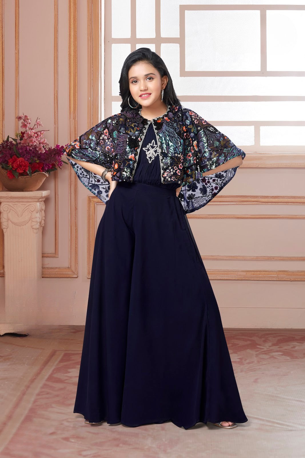 Navy Blue Butterfly Sequin Cape Gown Set
