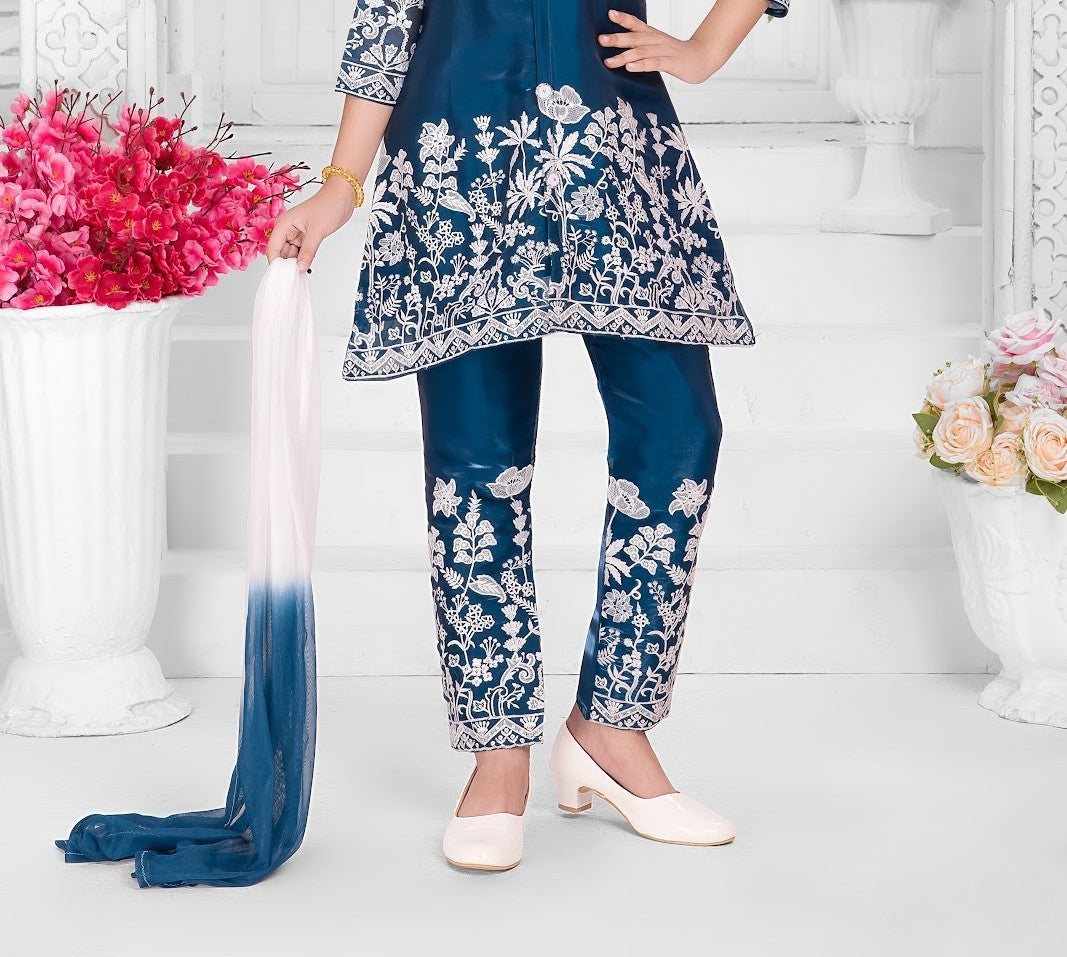 Navy Blue Glam Floral Embroidered Party Suit