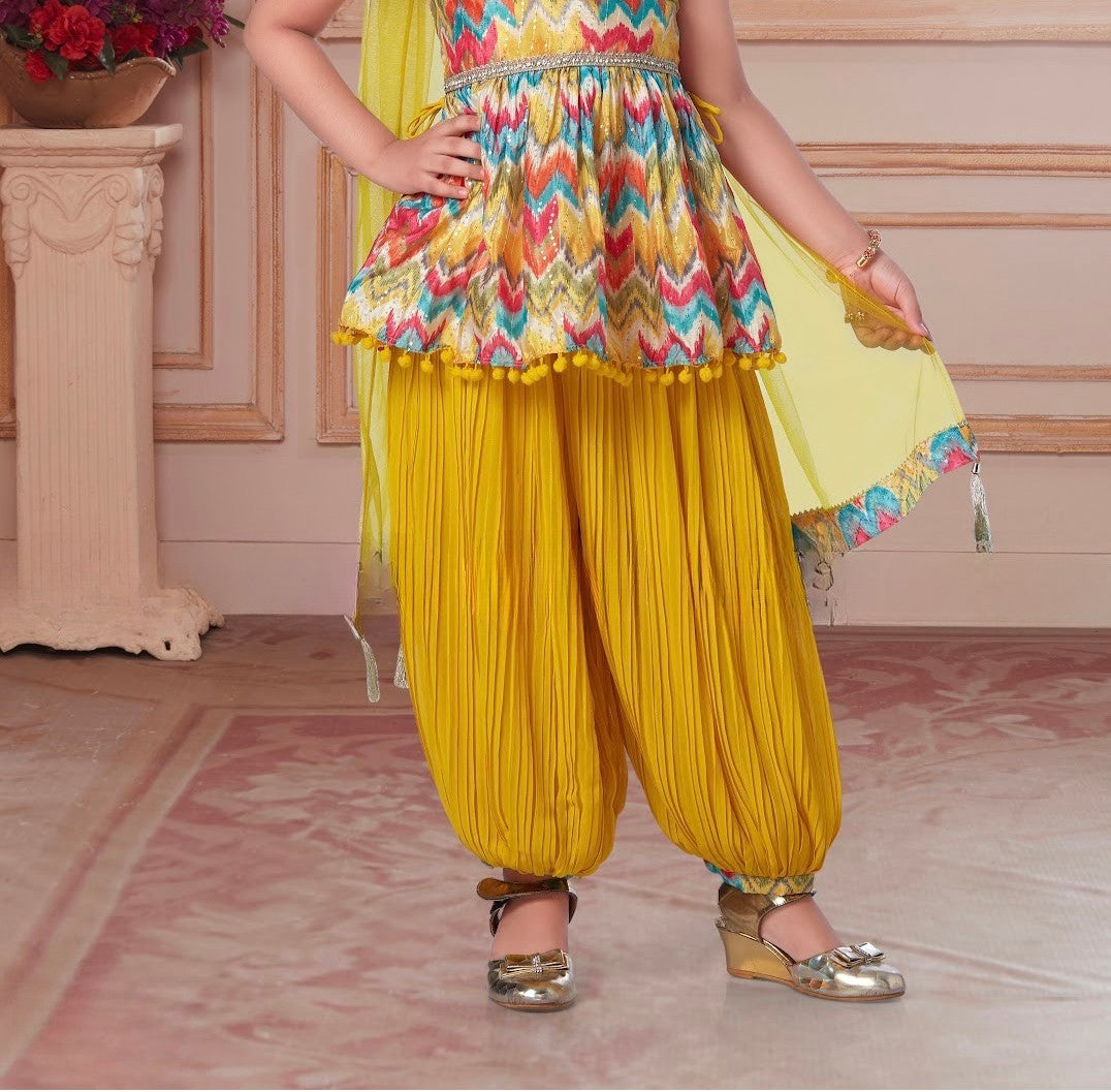 Multicolor Zigzag Peplum with Mustard Patiala Set
