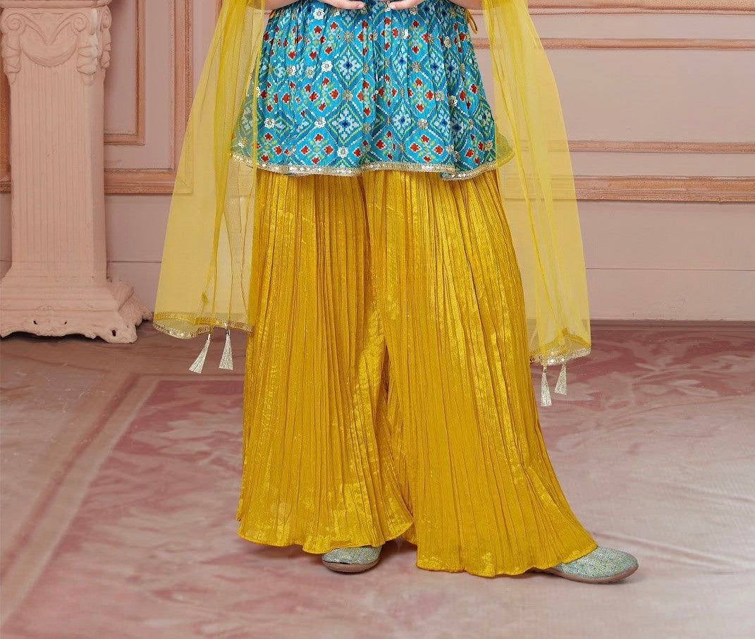 Royal Blue Kutchi Peplum with Mustard Plazzo Set