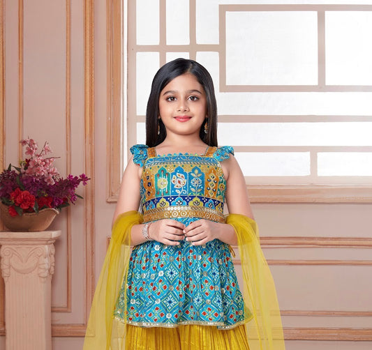 Royal Blue Kutchi Peplum with Mustard Plazzo Set
