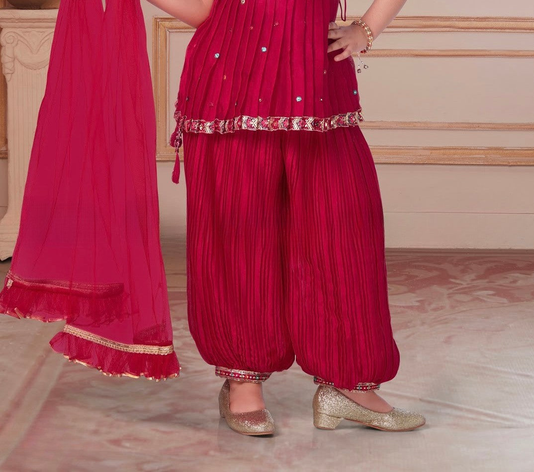 Rani Pink Mirror-Embroidered Kurti with Pleated Balloon Pants