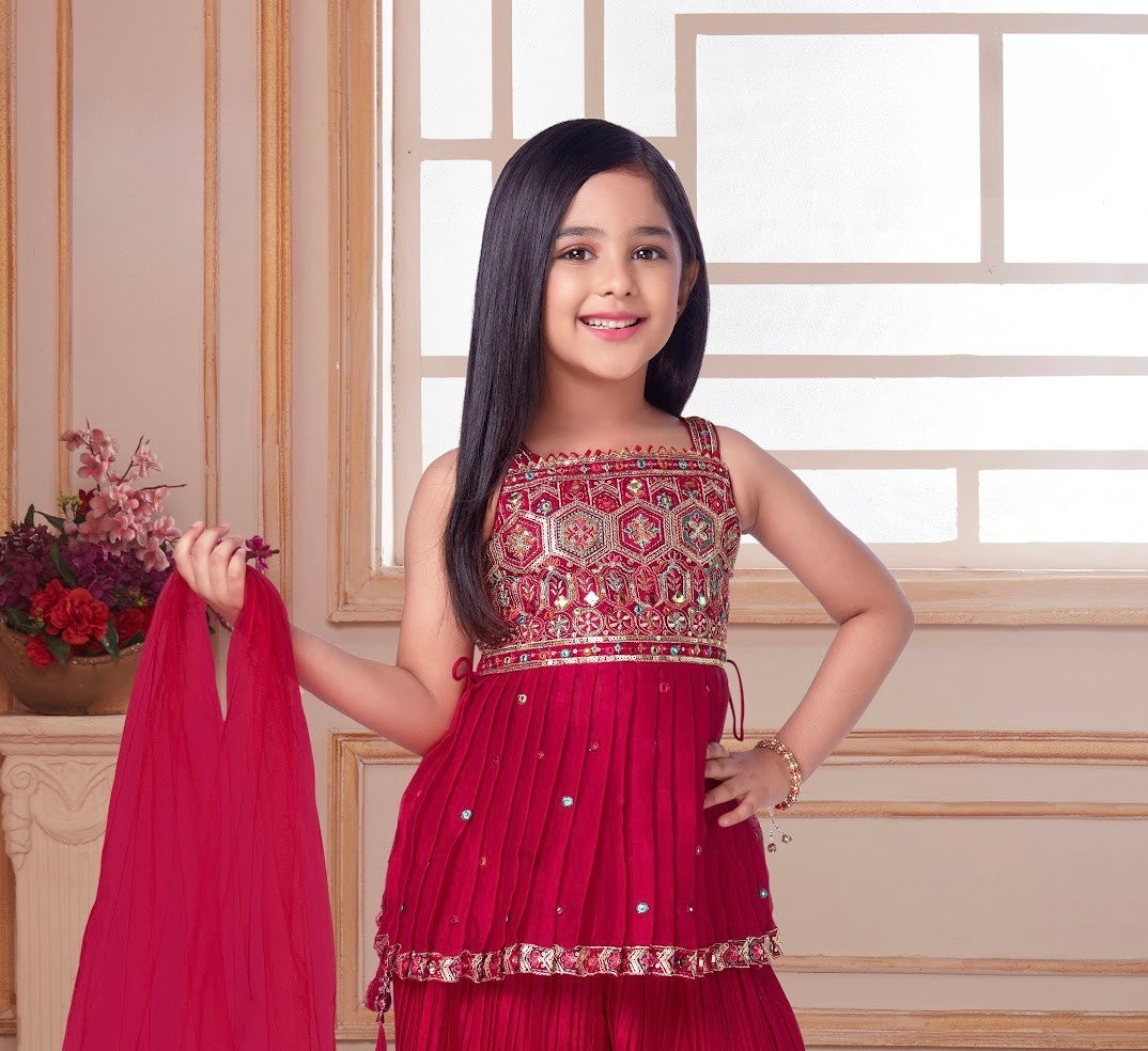 Rani Pink Mirror-Embroidered Kurti with Pleated Balloon Pants