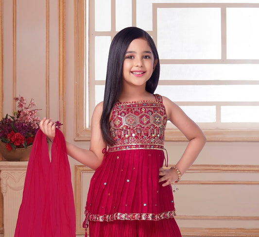 Rani Pink Mirror-Embroidered Kurti with Pleated Balloon Pants
