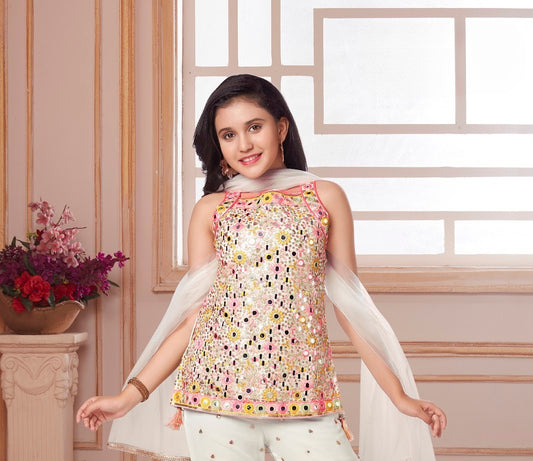 Cream Mirror-Embroidered Flared Sharara Set