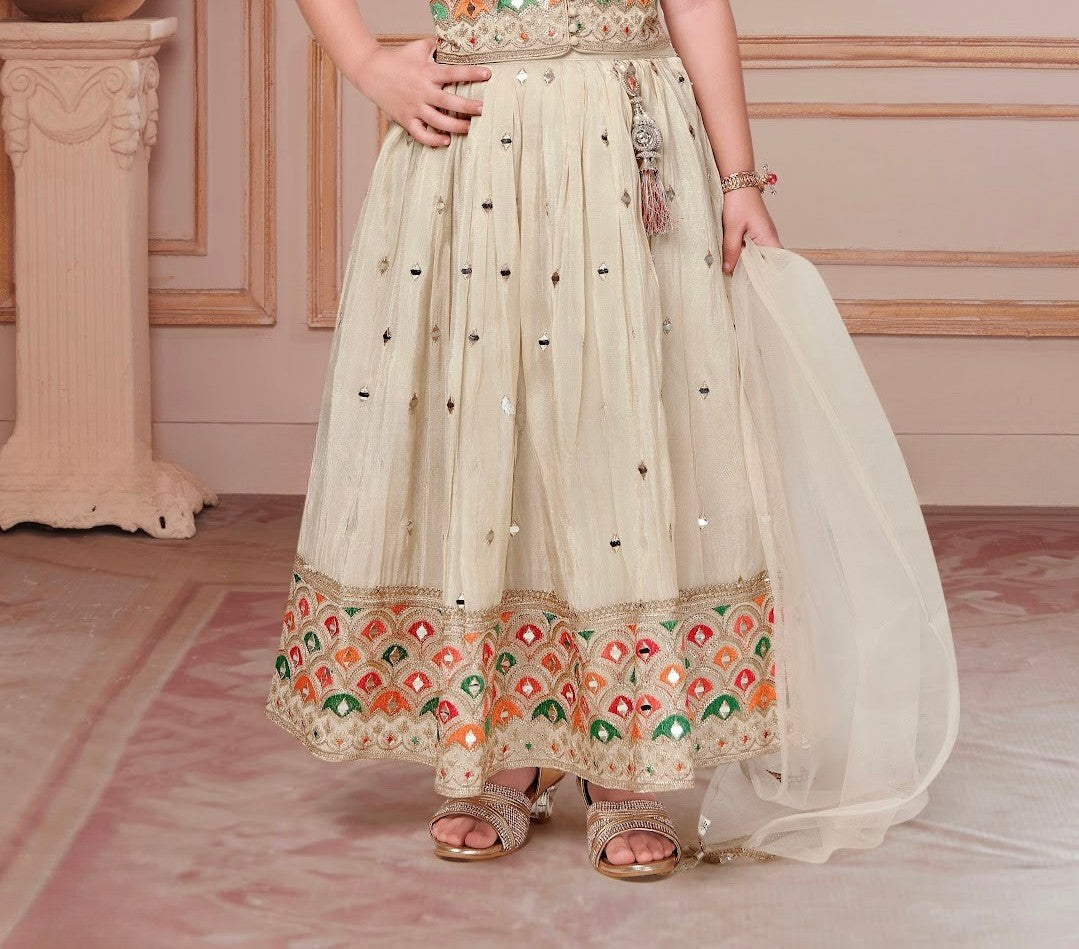 Cream & Multicolor Mirror-Embroidered Festive Lehenga Set