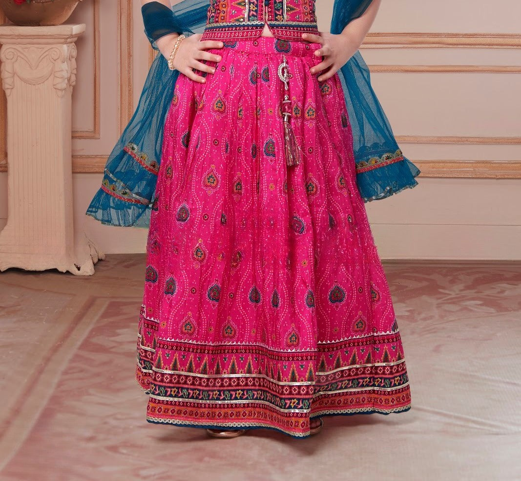Rani Pink & Teal Boho Mirror-Embroidered Garba Lehenga Set