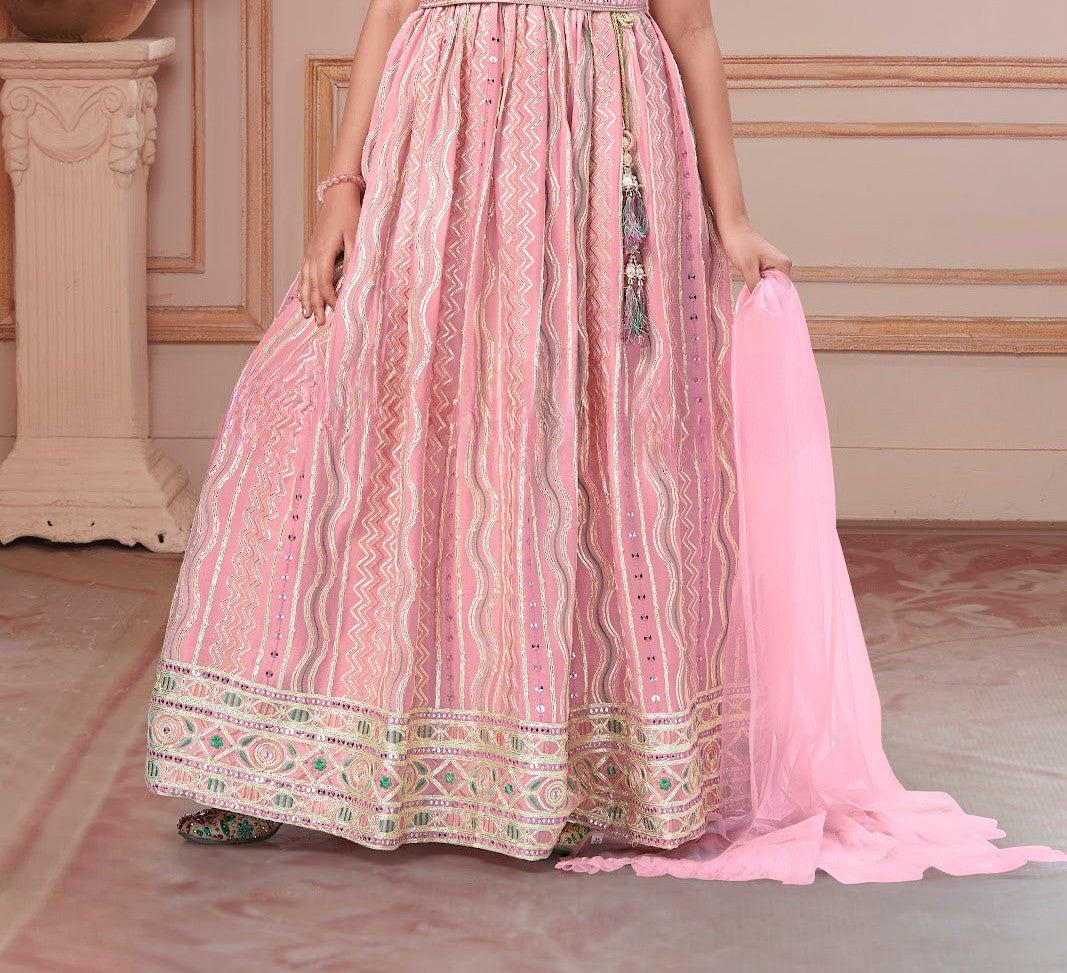 Pink Mirror-Embellished Geometric Lehenga Gown Set