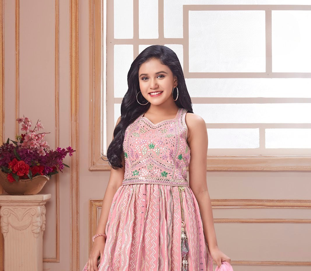 Pink Mirror-Embellished Geometric Lehenga Gown Set