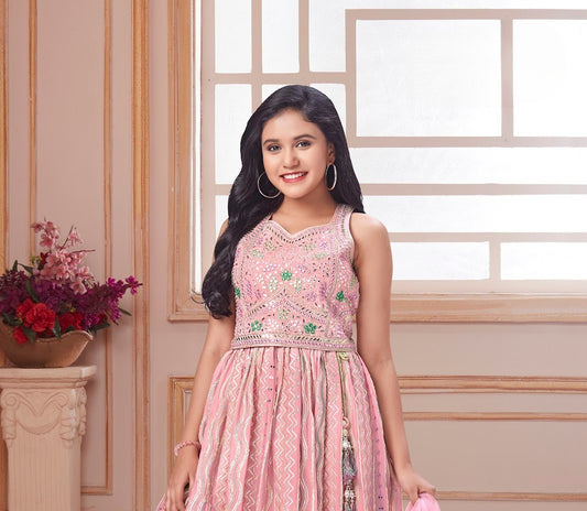 Pink Mirror-Embellished Geometric Lehenga Gown Set