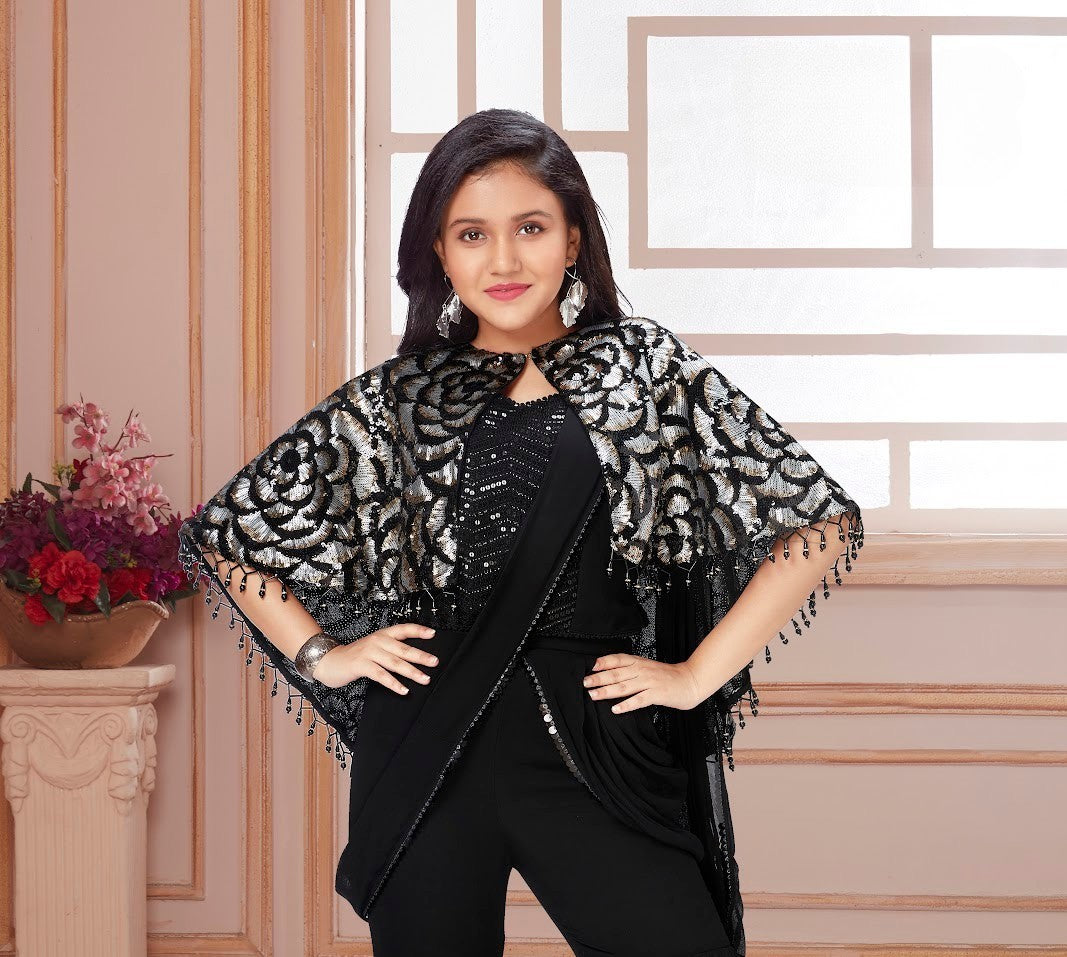 Black Sequin Drape Top with Ruffled Sharara & Embroidered Cape