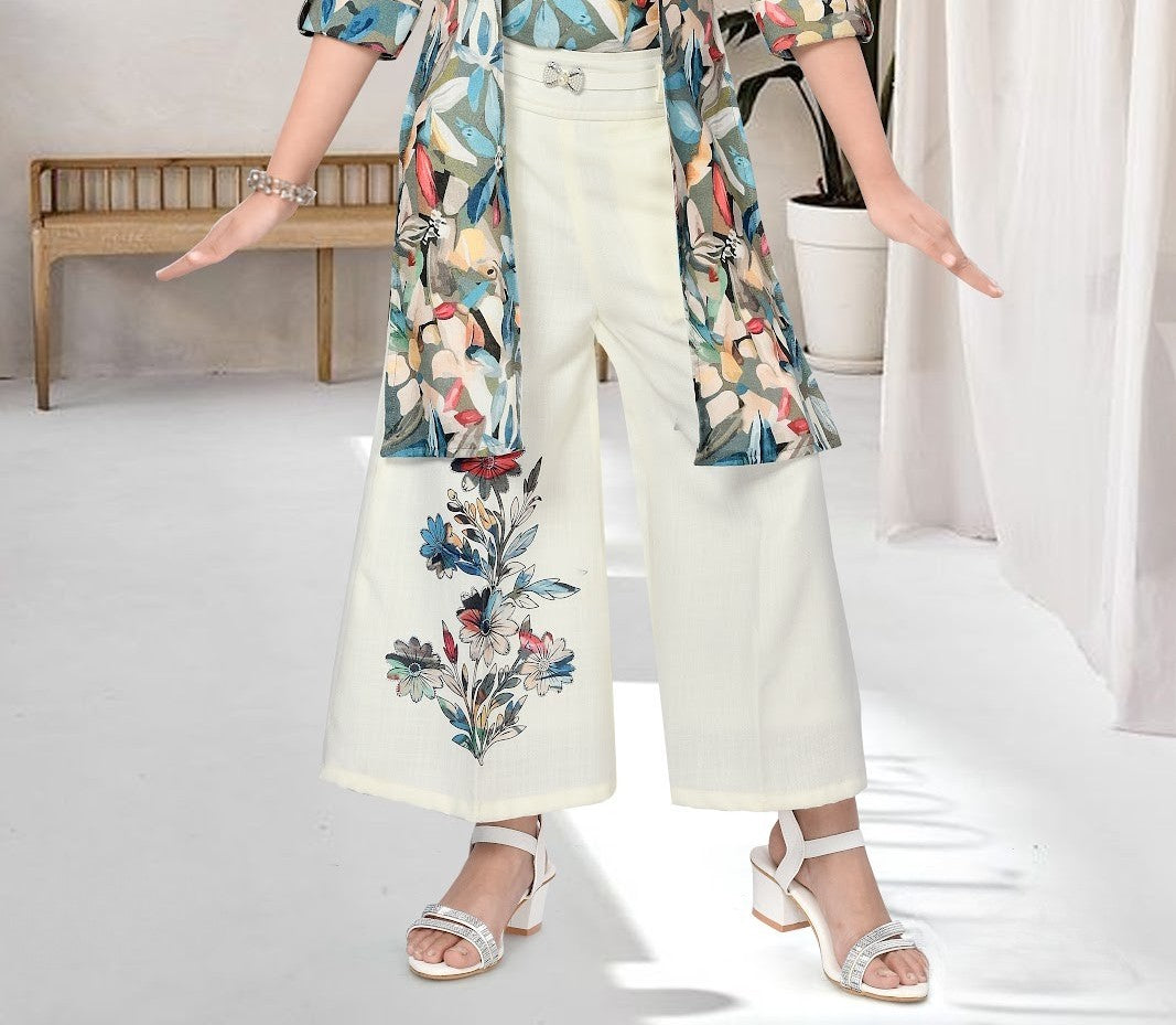 White & Multicolor Girls’ Floral Embroidered Plazo Set with Long Shrug