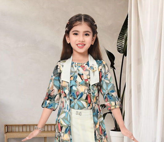 White & Multicolor Girls’ Floral Embroidered Plazo Set with Long Shrug