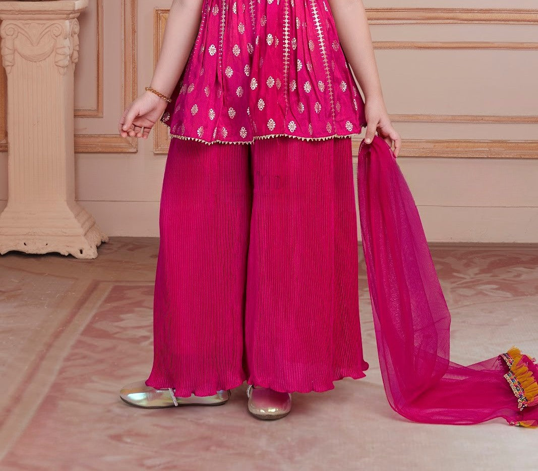 Rani Pink Halter Top with Pleated Sharara & Multicolor Embroidery