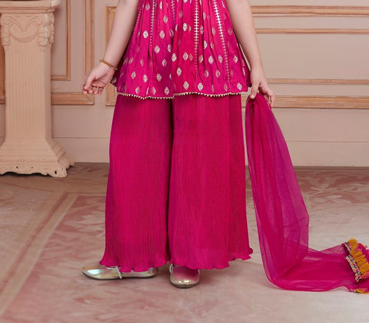 Rani Pink Halter Top with Pleated Sharara & Multicolor Embroidery