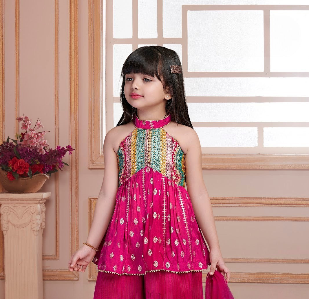 Rani Pink Halter Top with Pleated Sharara & Multicolor Embroidery