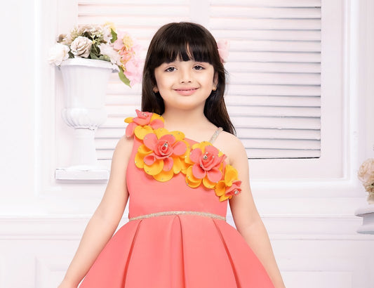 Tomato One-Shoulder 3D Floral Party Dress