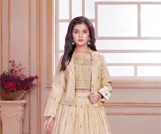 Beige & Gold Girls’ Embroidered Jacket Lehenga Set