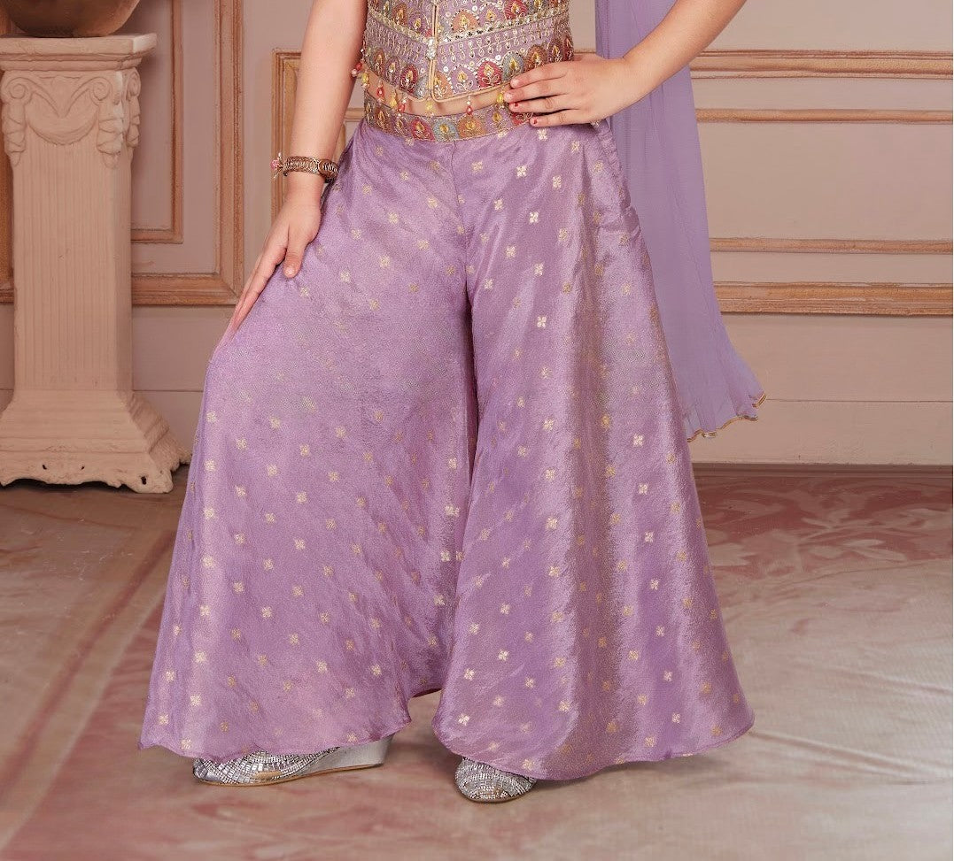 Lavender Girls’ Embroidered Top with Palazzo & Dupatta Set