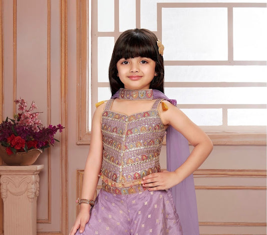 Lavender Girls’ Embroidered Top with Palazzo & Dupatta Set