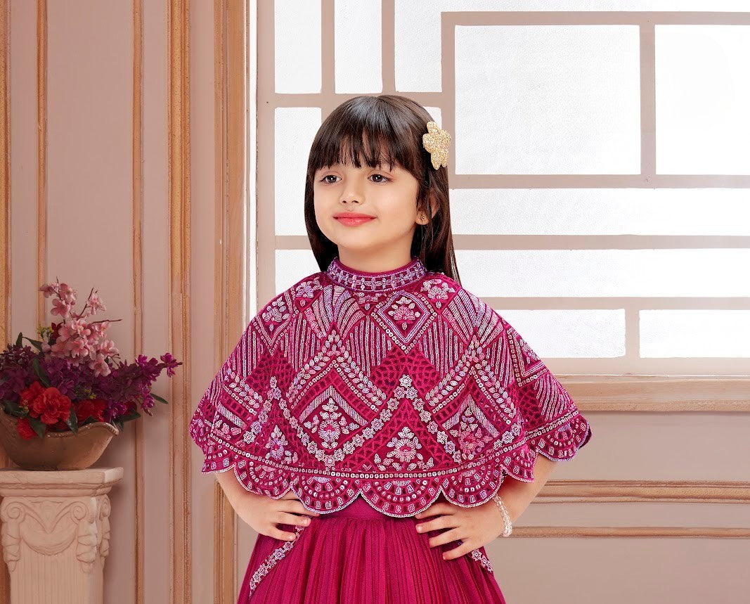 Rani Pink Girls’ Embroidered Cape Gown Set