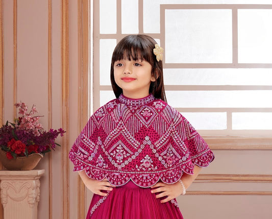 Rani Pink Girls’ Embroidered Cape Gown Set